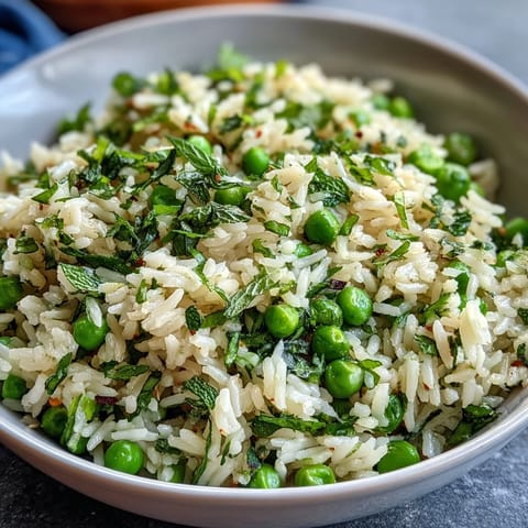 Fluffy white rice pilaf studded with sweet spring peas, fresh mint, and parsley, perfect for a light vegetarian side dish.  