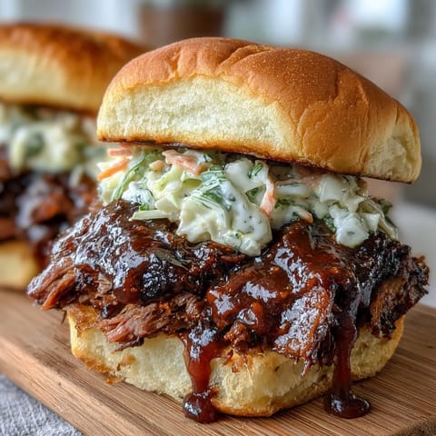 Tender BBQ brisket piled high on soft slider buns, topped with tangy slaw and smoky sauce—perfect for baby showers.  