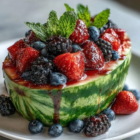 Vibrant watermelon carving board brimming with fresh berries, perfect for summer parties and healthy snacking.