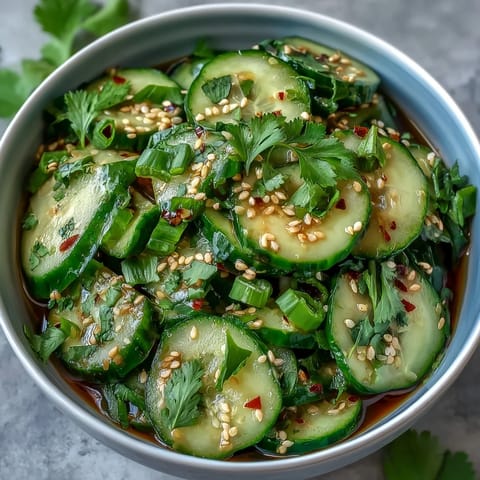 Thinly sliced cucumbers tossed in tangy sesame and rice vinegar dressing, topped with cilantro and chili flakes for a vibrant side dish.
