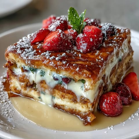 Fluffy pancake casserole with fresh berries, baked in a golden custard, dusted with powdered sugar for a special Mothers Day brunch.