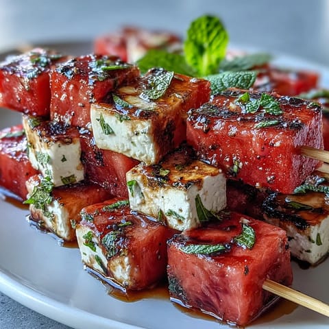 Juicy watermelon, creamy feta, and fresh mint on skewers—a vibrant, refreshing summer appetizer perfect for parties.  