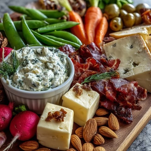 A vibrant spring charcuterie board with radishes, peas, and herb dip, perfect for light entertaining.  