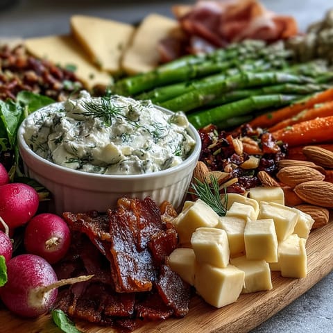 Fresh and colorful charcuterie featuring spring radishes, snap peas, and a creamy herb dip for gatherings.  
