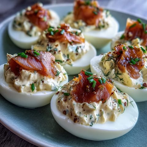 Deviled eggs filled with smoked salmon and zesty Dijon, garnished with everything bagel seasoning for a brunch-worthy appetizer.
