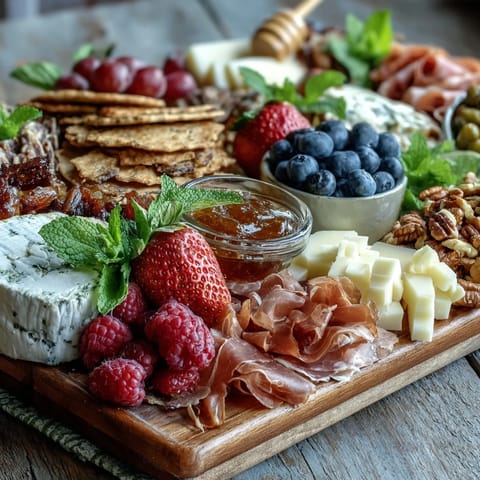 Spring Charcuterie Board with Edible Flowers and Fruits - a vibrant arrangement of cured meats, cheeses, and fresh berries garnished with colorful edible blooms.