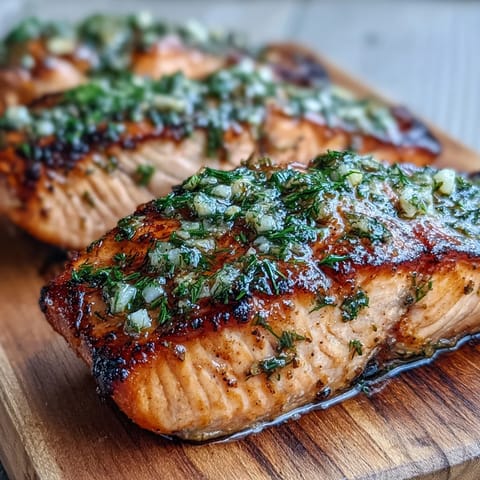Grilled salmon fillets infused with garlic, dill, and lemon on cedar planks, served with a sprinkle of fresh herbs.