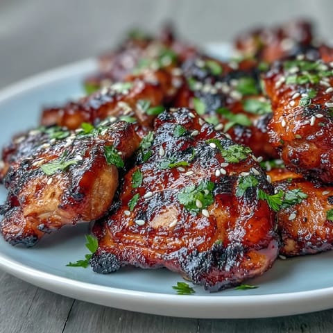 Honey Sriracha Grilled Chicken Thighs sizzling on the barbecue, glazed with a sticky, spicy-sweet marinade and charred to golden perfection.