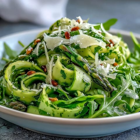 Bright asparagus ribbons tossed with lemon dressing and Parmesan shavings, a crisp and refreshing vegetarian appetizer.  