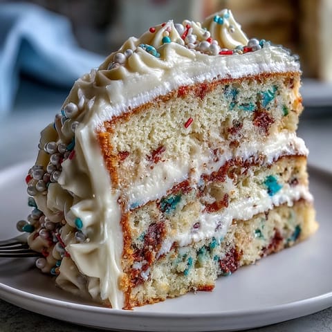 A vibrant confetti cake layered with rainbow sprinkles and topped with smooth champagne buttercream frosting.  