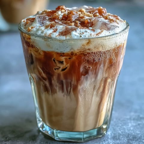 A refreshing iced espresso sweetened with brown sugar, topped with creamy oat milk and served over ice for a dairy-free treat.  
