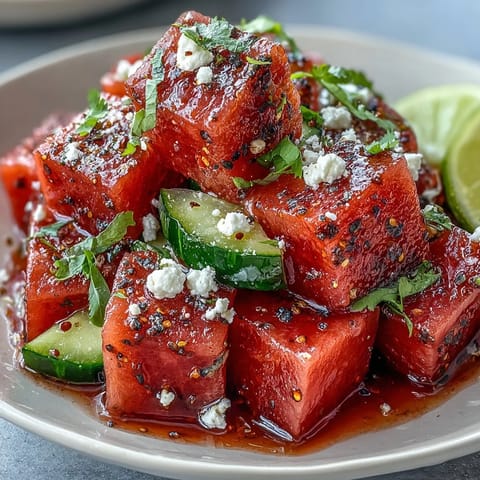 Watermelon cucumber salad with Tajin and lime, showcasing vibrant cubes of juicy watermelon and crisp cucumber slices tossed with zesty lime and a spicy chili-lime seasoning.