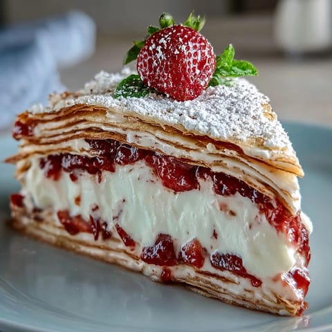 A stunning layered Mother's Day Crêpe Cake with delicate crepes and luscious strawberry mascarpone cream filling, garnished with fresh strawberries and mint.