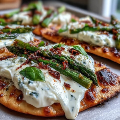 Roasted asparagus flatbread with burrata and lemon, topped with fresh basil and chili flakes for a vibrant spring appetizer.  