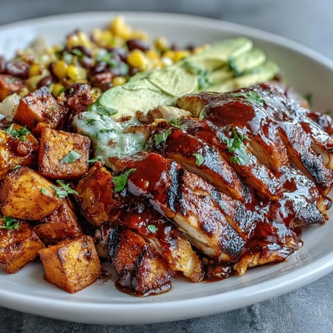 Juicy grilled BBQ chicken bowls with sweet potato, vibrant veggies, ready for lunch.