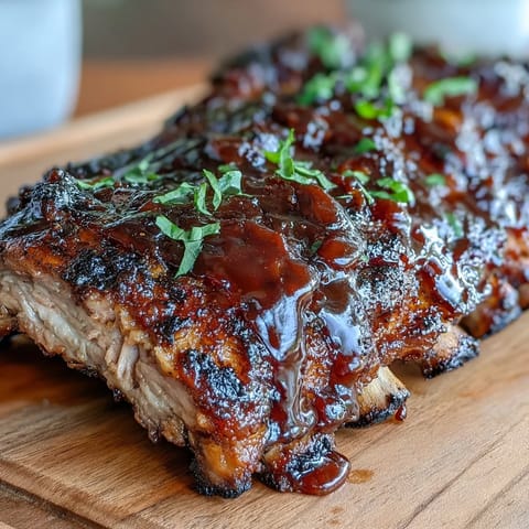 Father's Day BBQ Rib Board: glistening ribs with three delicious homemade sauce options.