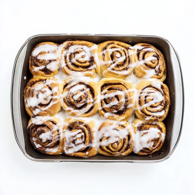 Vanilla glazed Cinnamon Rolls rest on a cooling rack, the sweet icing dripping down the sides onto a marble counter.