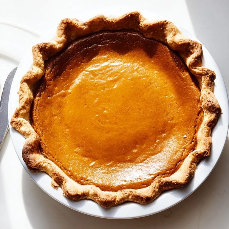 Golden-brown Pumpkin Pie with crimped edges, cooling on a wire rack after baking, a classic American dessert for autumn gatherings.
