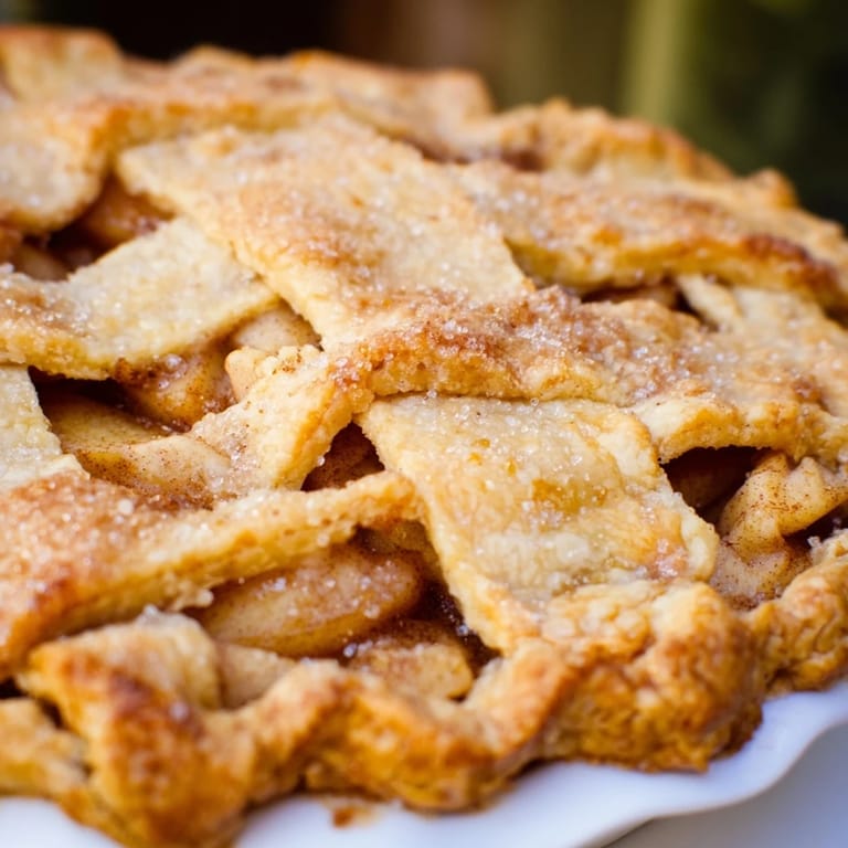 Rustic, deep-dish apple pie with a crimped edge, cooling on a wire rack, ready to slice.