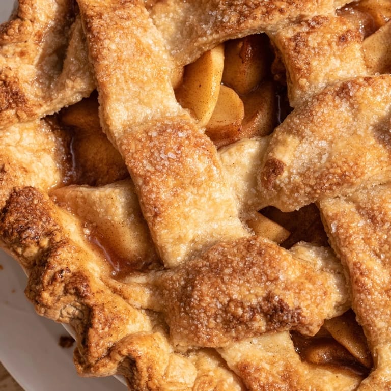 Freshly baked apple pie with a lattice top, served warm with melting vanilla ice cream.