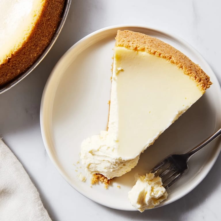 Perfectly sliced New York Cheesecake plated beside a steaming cup of coffee, showcasing its dense, velvety texture and smooth sour cream topping.