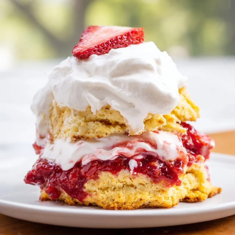 Tender homemade Strawberry Shortcake biscuits layered with macerated berries and fluffy vanilla whipped cream.