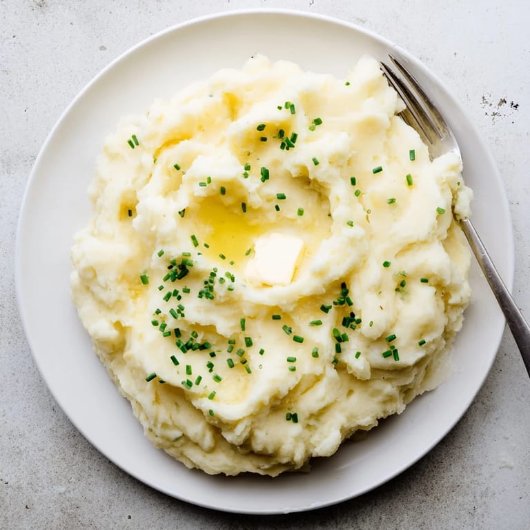 Golden mashed potatoes served hot next to roasted chicken on a dinner plate, garnished with fresh parsley and black pepper.