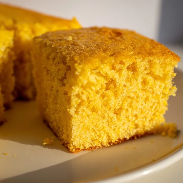 A slice of fluffy cornbread topped with melting butter and a drizzle of honey, perfect for a sweet and savory side dish.