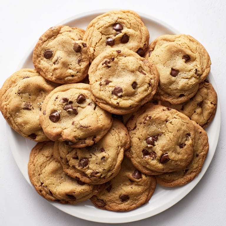 Freshly baked Chocolate Chip Cookies with gooey centers served alongside a cold glass of milk.