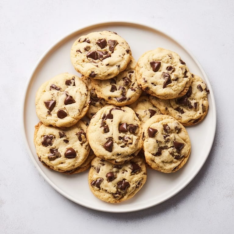 Homemade Chocolate Chip Cookies studded with chocolate chunks on a rustic wooden table.