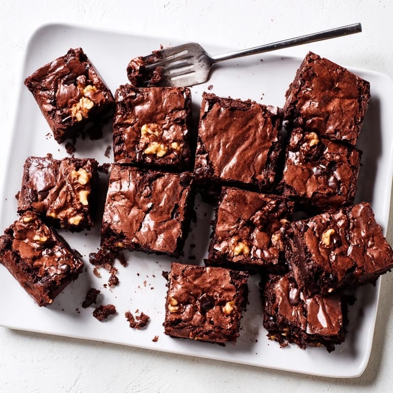 Warm, freshly baked brownies sit on a parchment-lined pan, with a slice taken out to show the gooey, melt-in-your-mouth center.