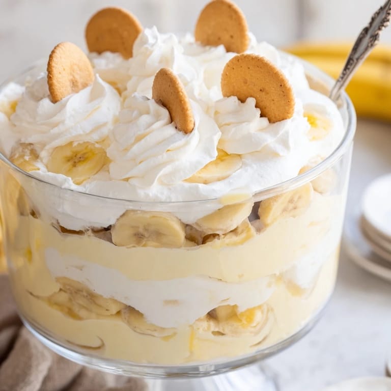 Easy layered Banana Pudding with vanilla wafers and bananas, ready to serve chilled with a dollop of cream.