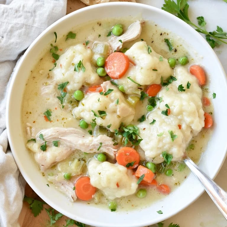 Tender chicken and fluffy dumplings in a rich, creamy broth with carrots and peas.
