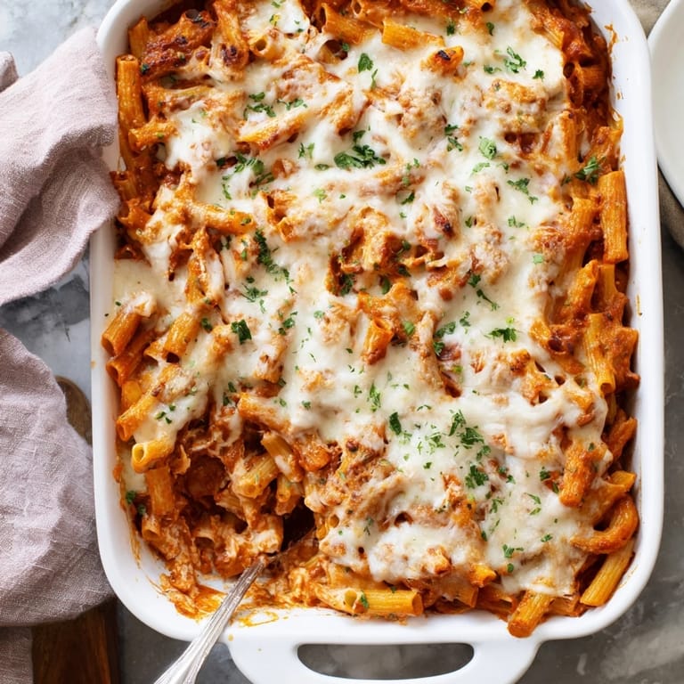 Serving of hearty Baked Ziti on a white plate with a side salad and red wine.