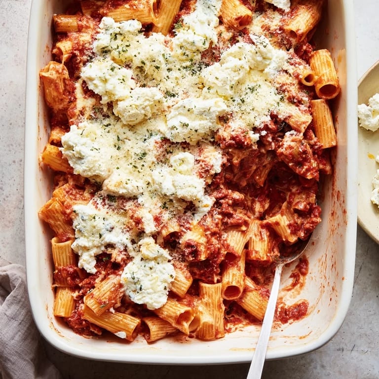 Freshly baked Baked Ziti in a ceramic dish, steam rising from rich tomato sauce layers.