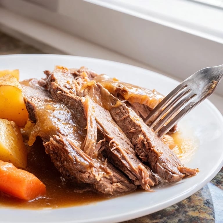 Beef Pot Roast braised in a Dutch oven, with red wine sauce for a family dinner.
