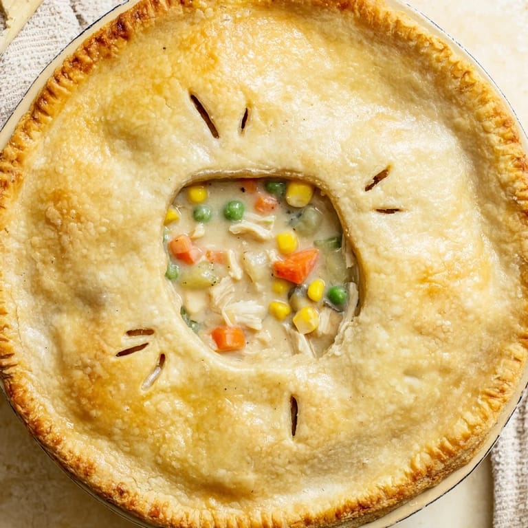 Steam rises from a slice of homemade Chicken Pot Pie revealing tender chicken and vegetables in rich gravy.