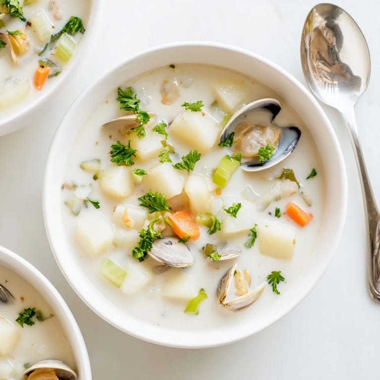 Steaming pot of homemade Clam Chowder featuring tender clams, diced potatoes, and savory onions.