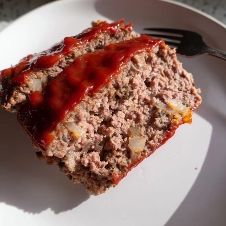 Close-up of tender meatloaf slice revealing ground beef, onions, and a tangy glaze.