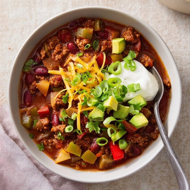 Dutch oven filled with spicy chili con carne featuring ground beef, peppers, and warm spices.