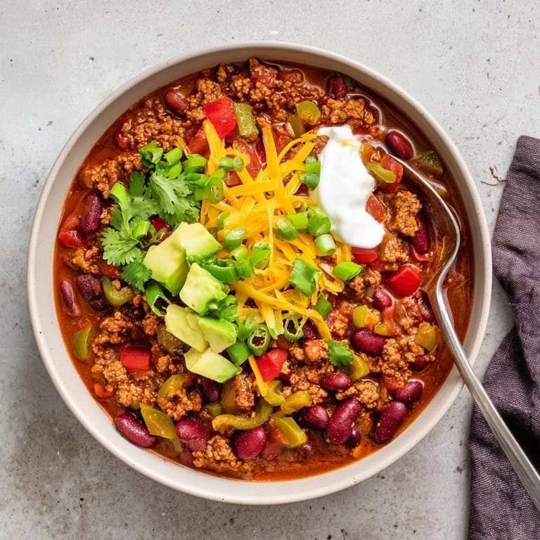 Bowl of chili con carne topped with shredded cheddar, sour cream, and sliced green onions.