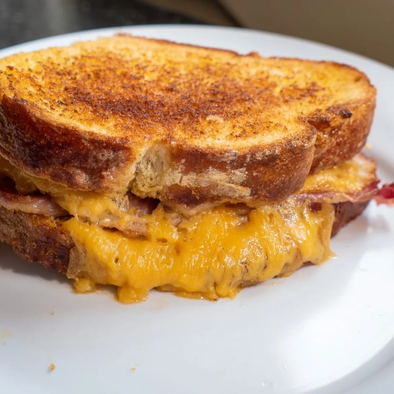 Melting cheddar cheese oozes from a crispy, buttery Turkey Club Grilled Cheese, layered with turkey, bacon, and fresh tomato slices on sourdough.