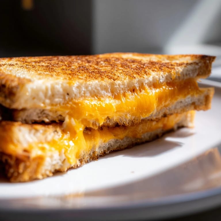 Two halves of a Turkey Club Grilled Cheese show layers of turkey, bacon, lettuce, and tomato, resting next to a side of crispy potato chips.