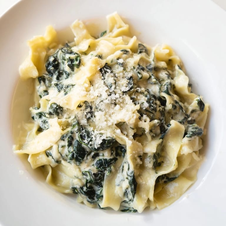 Steaming plate of creamy spinach garlic noodles garnished with red pepper flakes, perfect for a comforting vegetarian dinner.