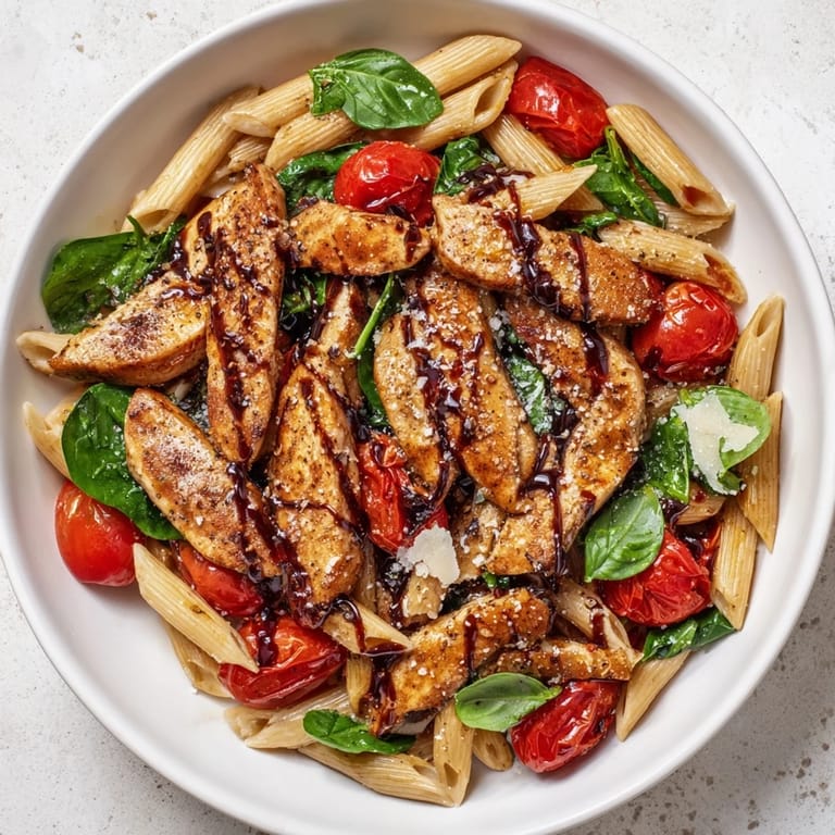 Skillet of Balsamic Glazed Chicken Pasta with glossy glaze, ready to serve for an Italian-inspired dinner.