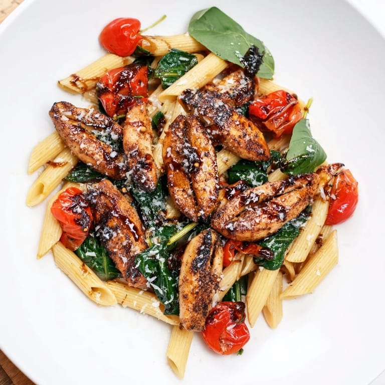 Steaming Balsamic Glazed Chicken Pasta topped with melted Parmesan and fresh basil on a rustic table.