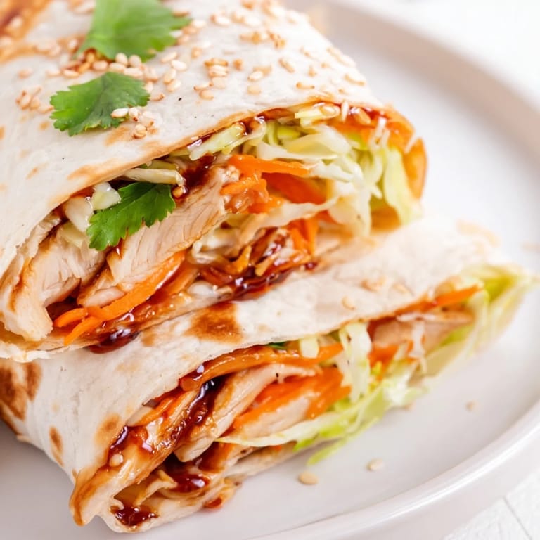 Freshly rolled Teriyaki Chicken Wrap featuring tender glazed chicken, crunchy vegetables, and sesame seeds, ideal for a quick and flavorful weeknight dinner.