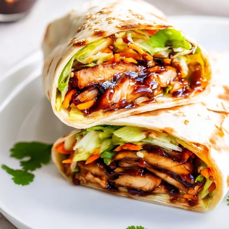 Delicious Teriyaki Chicken Wrap cut in half, revealing layers of juicy chicken, shredded cabbage, and carrots wrapped in a warm flour tortilla.