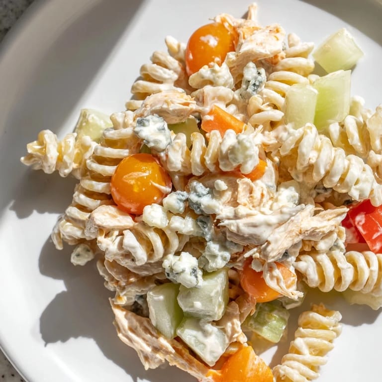 Easy American Buffalo Chicken Pasta Salad in a picnic-ready bowl, highlighting rotini pasta, creamy ranch dressing, and a garnish of crumbled blue cheese.
