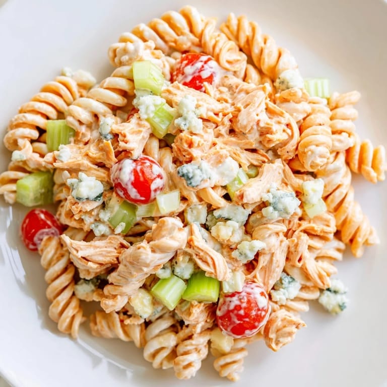 A chilled Buffalo Chicken Pasta Salad with tender buffalo chicken pieces, crunchy celery, red onion, and juicy tomatoes, topped with crumbled blue cheese and fresh chives.